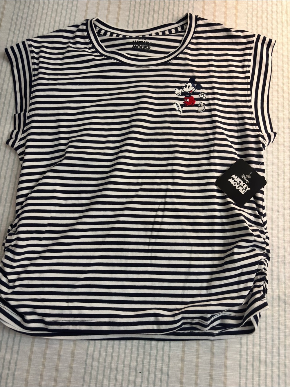 Disney Black & White Striped Tee with Small Mickey Embroidery